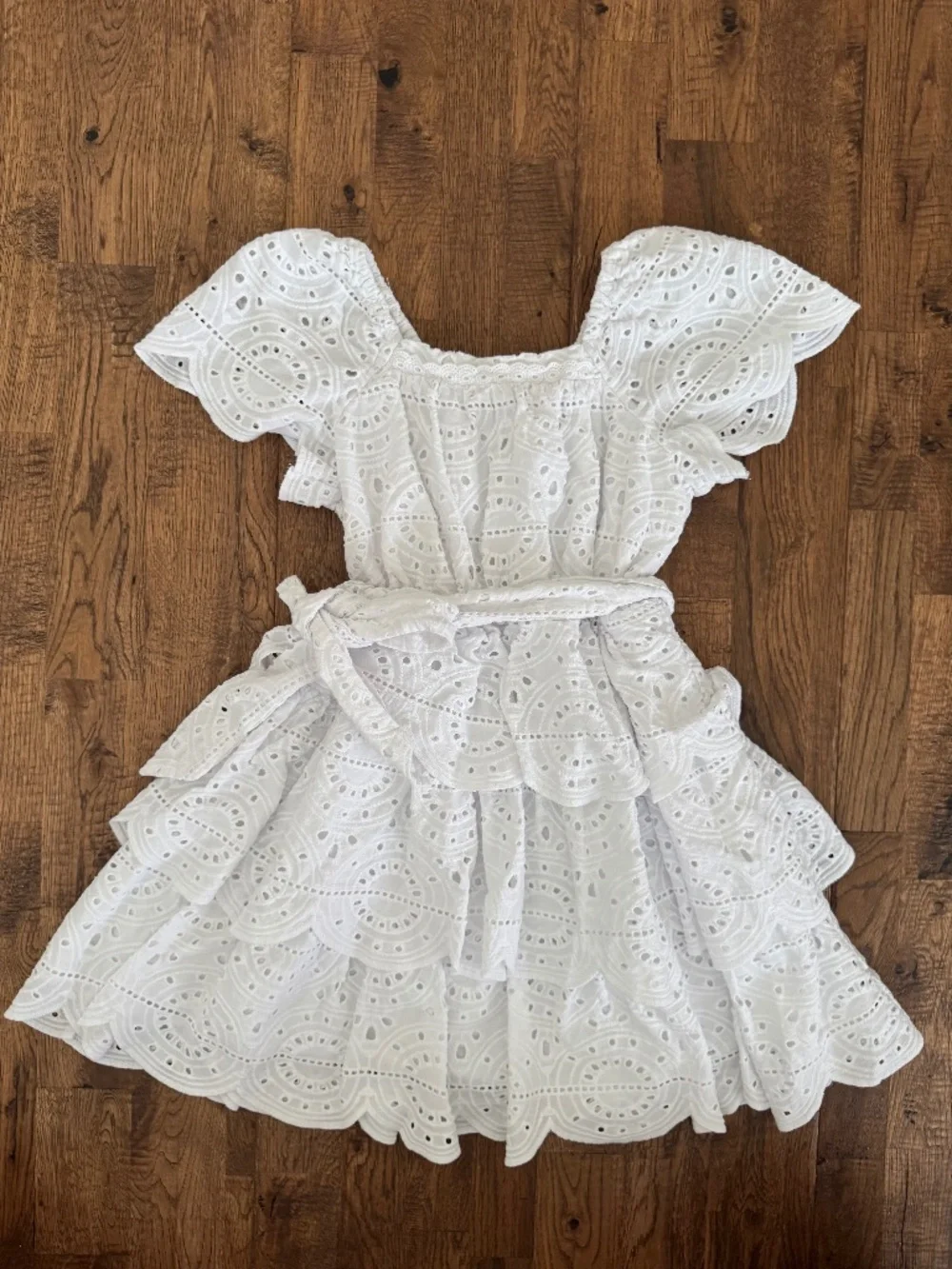 A Loves A Girls White Eyelet Dress Size M 8-10 100%‎ Cotton Tiered Belted O